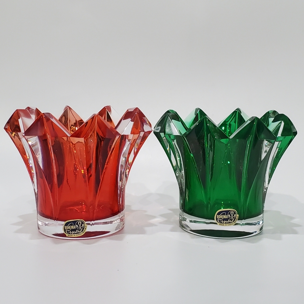 Pair Bohemia Crystal Red & Green with Free Yankees Candles